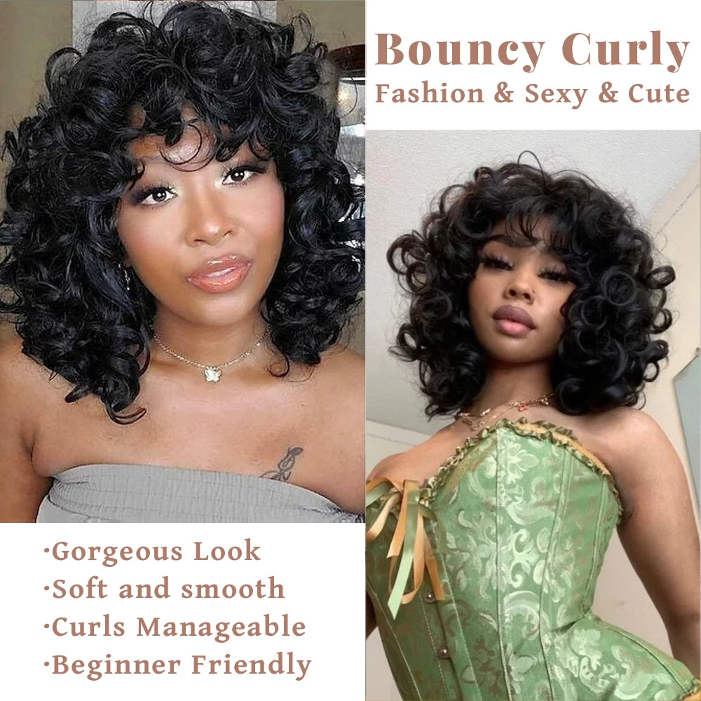 Short Curly Bob Wig Human Hair With Bangs Ready to Go Glueless Bouncy Curly Human Hair Wigs Machine Made Afro Wigs for Women