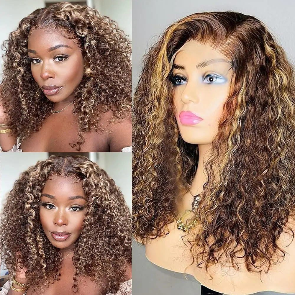 #P4/27 Highlight Deep Wave Curly Bob Wigs 13X4 Lace Front Bob Human Hair Wigs 10-16Inch Brown Curly Short Bob Wigs For Women