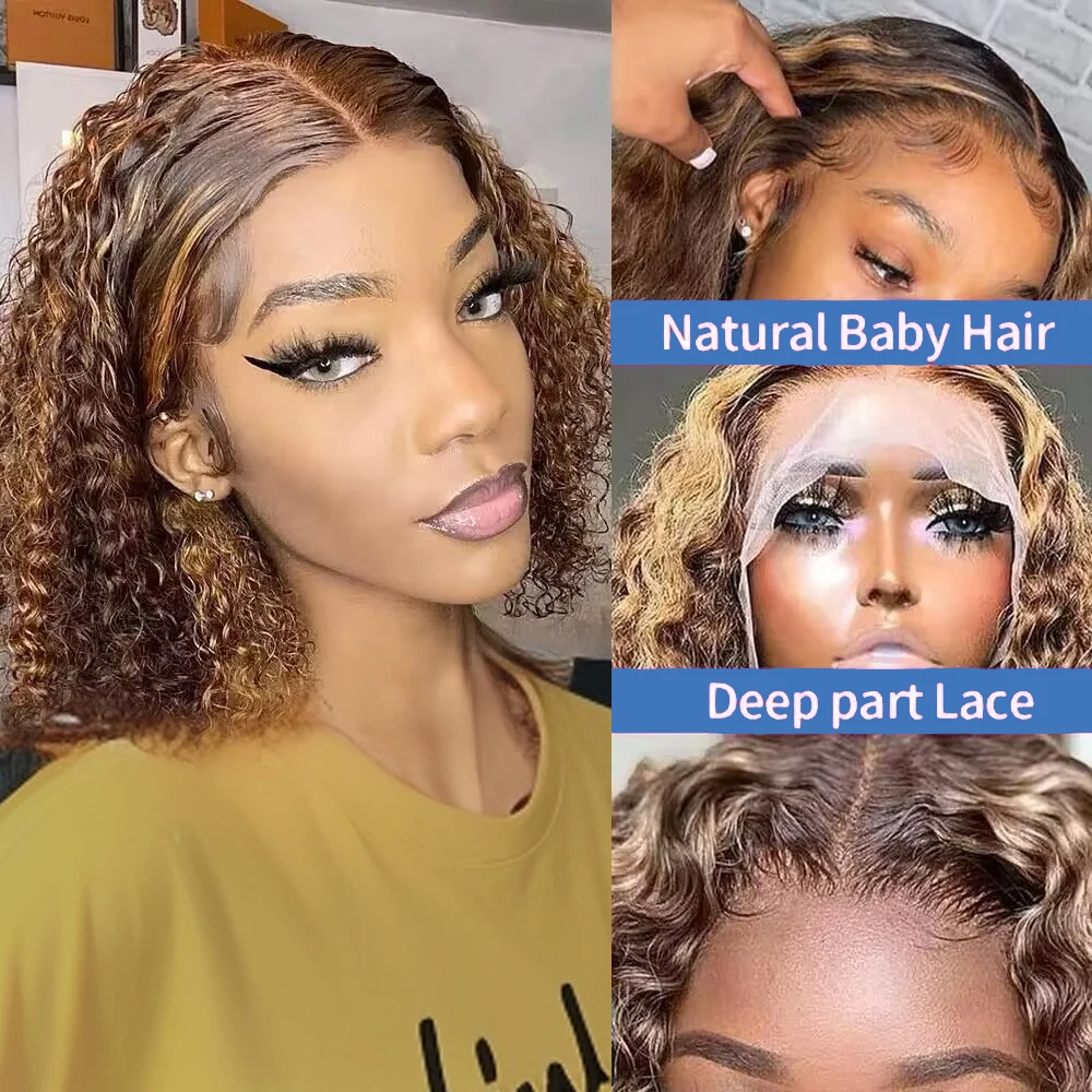 Perruque Bob Lace Front Wig Naturelle Bouclée, Cheveux Courts, Deep Wave, 13x4, Pre-Plucked, Transparent, Densité 250, à Reflets