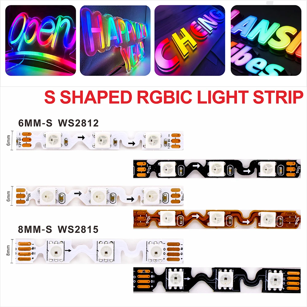 WS2812B WS2815 S-Type Bendable LED Strip 5V 12V RGB Addressable Pixel Signboard Letter Light Box Decor Light