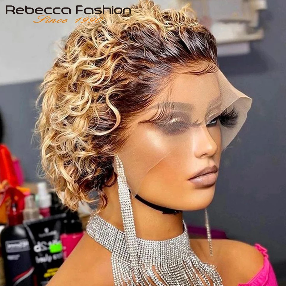 

Rebecca Ombre Blonde Lace Front Short Curly Bob Human Hair Wigs For Women Brazilian Remy Hair Pre Plucked Transparent Lace Wigs