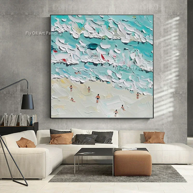 

Original Seascape Ocean Surf Thick Canvas Wall Art Handmade Beach Party Swimming Beach House Oil Painting Modern Ocean Artwork