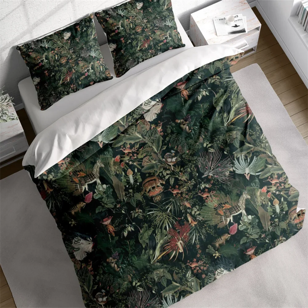 Forest and Wild Animals Duvet Cover Set, Nature Botanical Bedding Set, Floral Animals Quilt Cover, Single Double Full Queen King