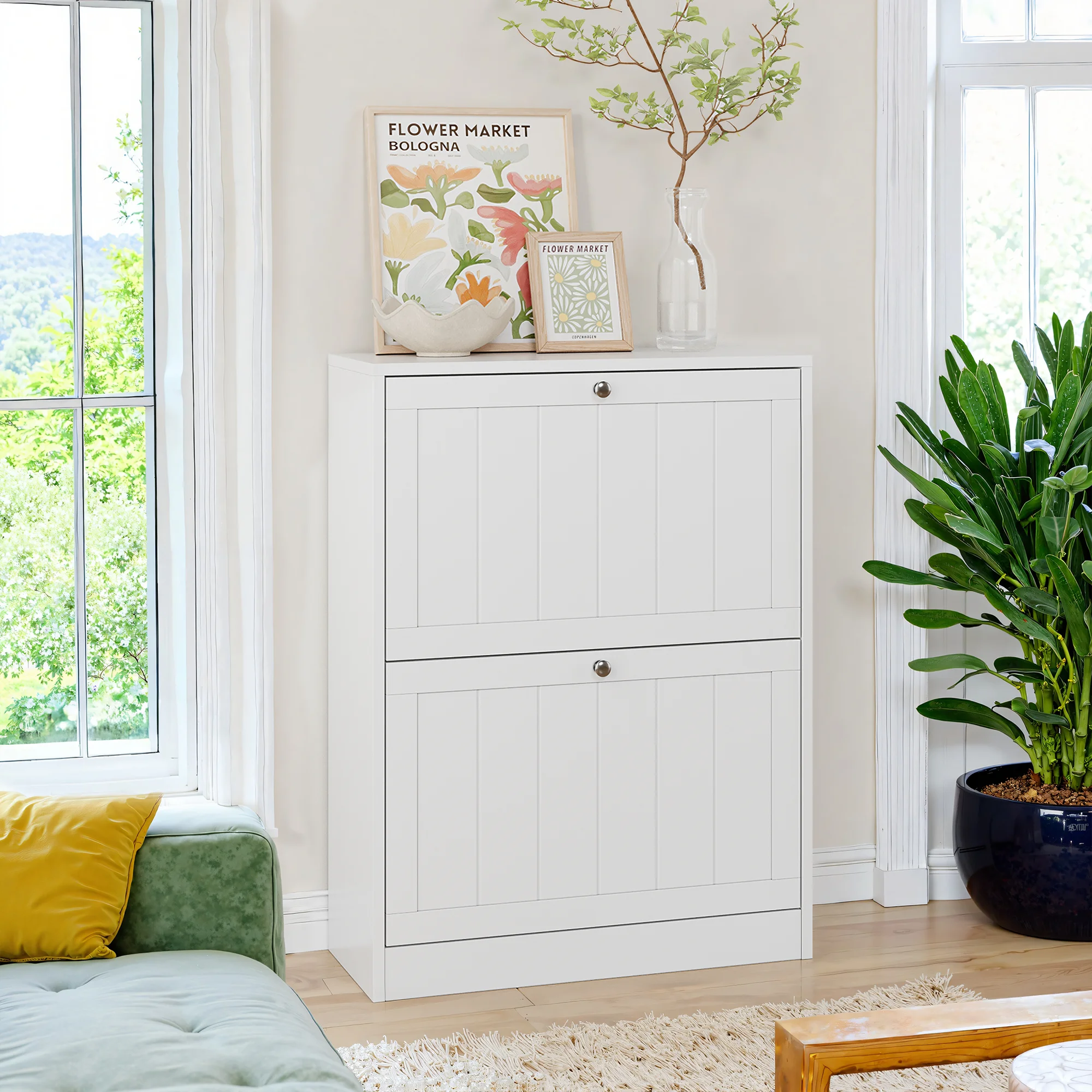 Mueble Zapatero Blanco Independiente, Armario Lateral Multifuncional con Puertas Abatibles Dobles, Diseño de Almacenamiento Oculto, Mueble para el Hogar para Entrada, Pasillo y Otras Áreas de Estancia