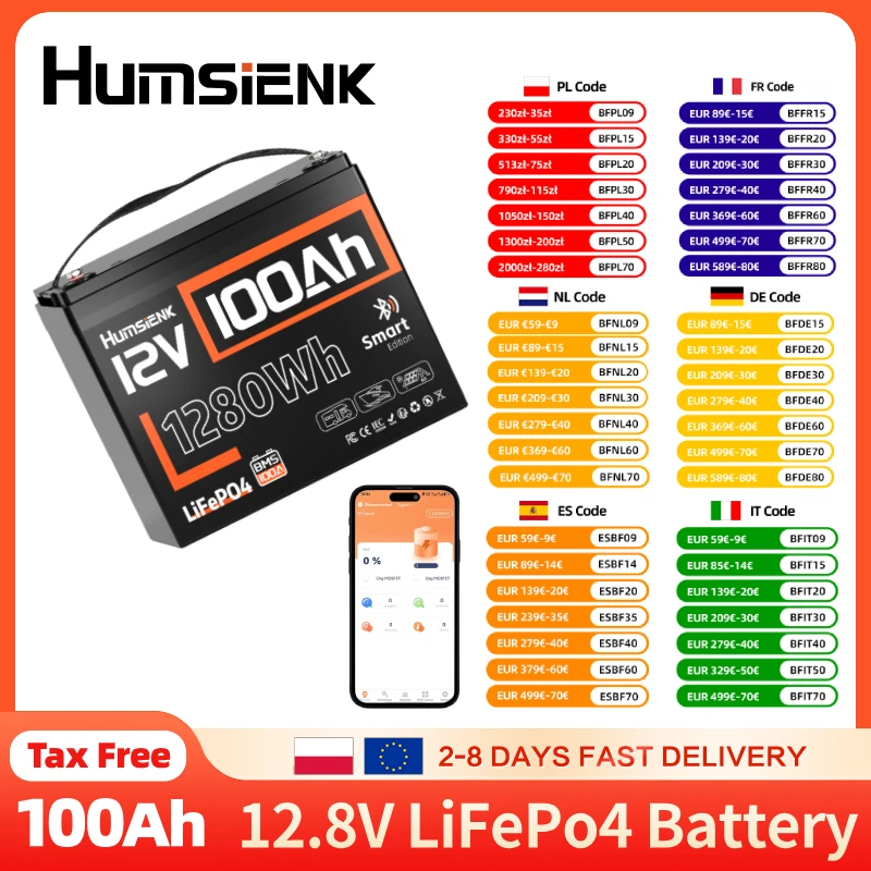 Humsienk 12V 100Ah LiFePO4 batterie 100A BMS avec Bluetooth 15000 Cycle batterie au Lithium fer Phosphate stockage d'énergie solaire à domicile