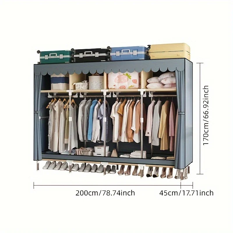79 inches Wide Fabric Wardrobe with 4 Large Storage & 4 Spacious Hanging Areas 16mm  Metal Tube Frame Thickened Dustproof Cover