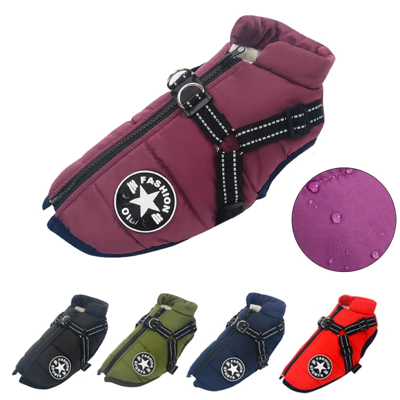 Impermeável Pet Dog Jacket com arnês, Roupas quentes de inverno para Labrador, Casaco Pequeno,