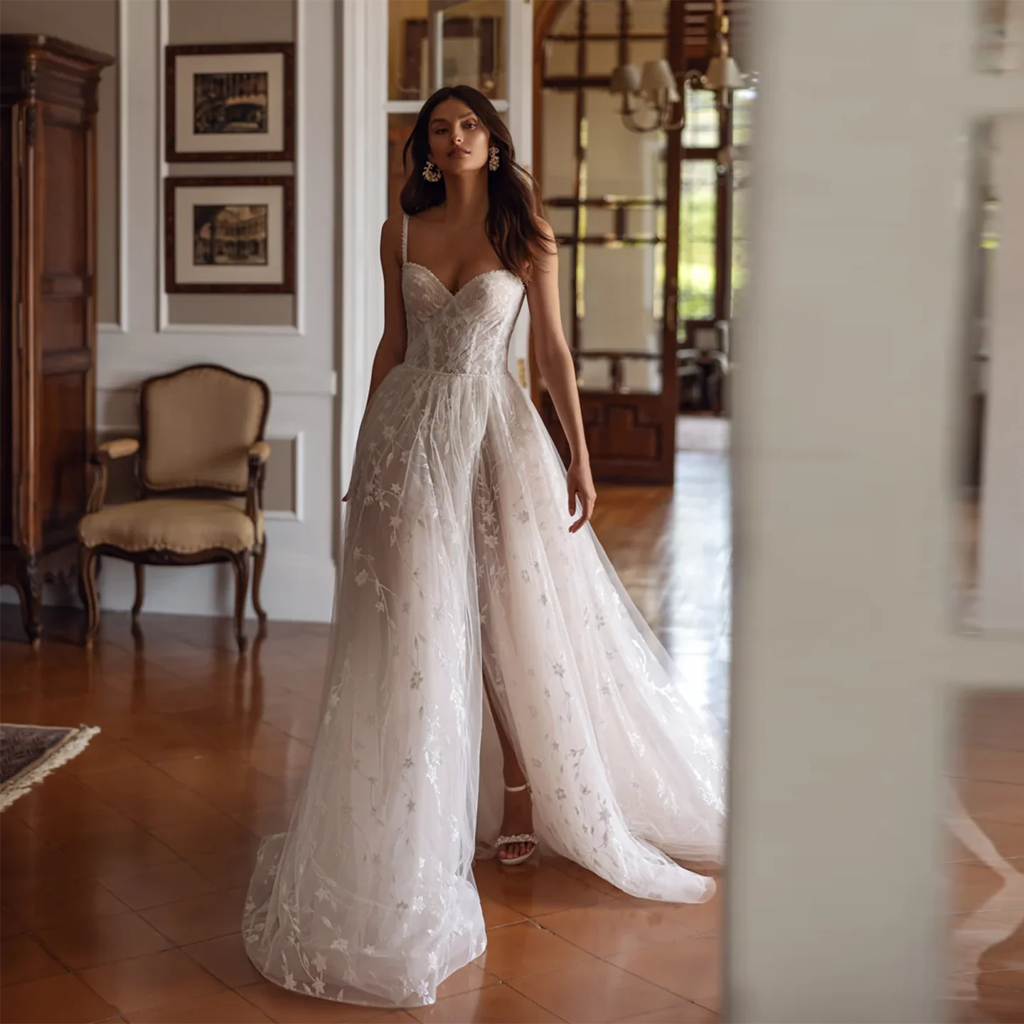 

Шарон Саид 202, романтическое белое тюлевое свадебное платье в форме сердца, элегантное свадебное платье принцессы с разрезом по бокам и жемчугом, SW 436 по индивидуальному заказу