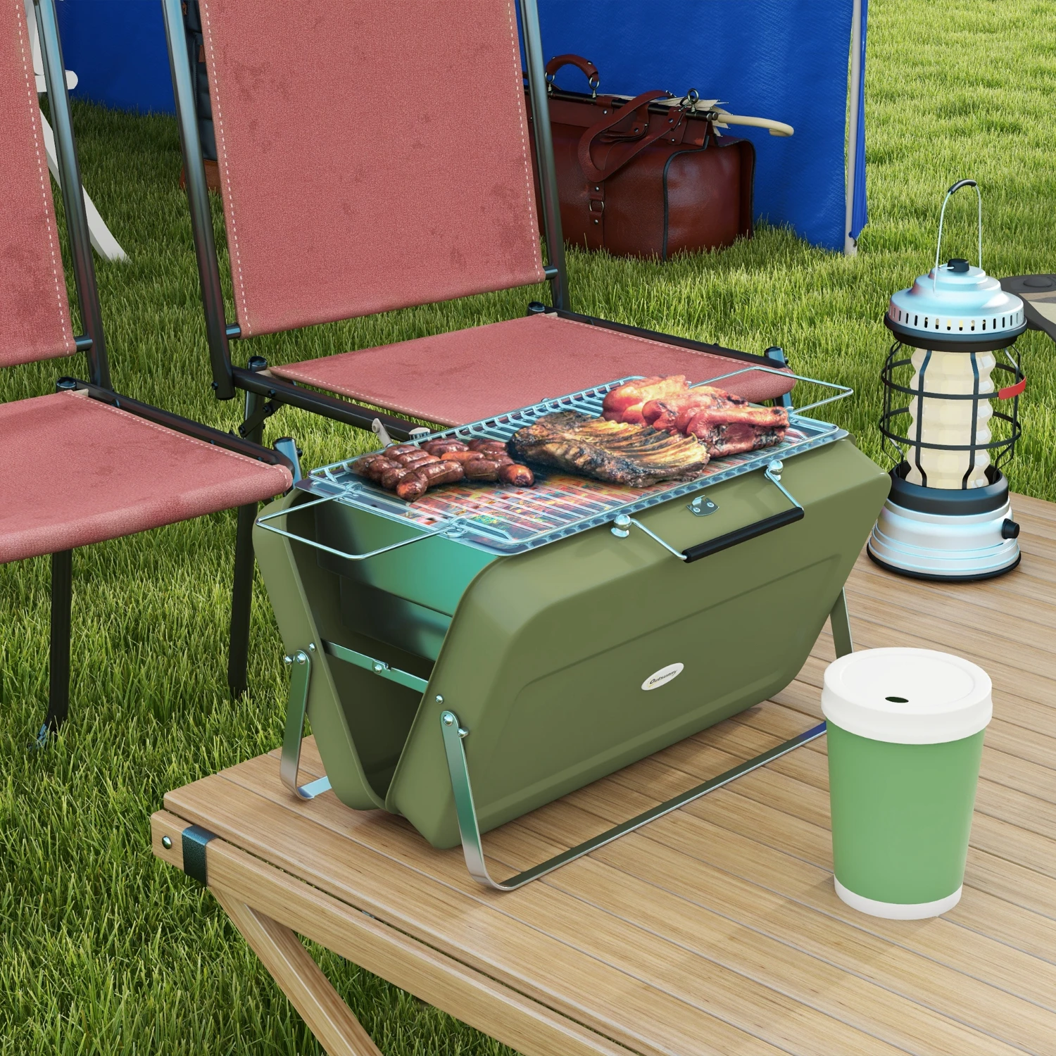 Barbecue de table au charbon de bois avec bac à charbon, grille et poignée, idéal pour les pique-niques et le jardinage, en acier inoxydable vert.