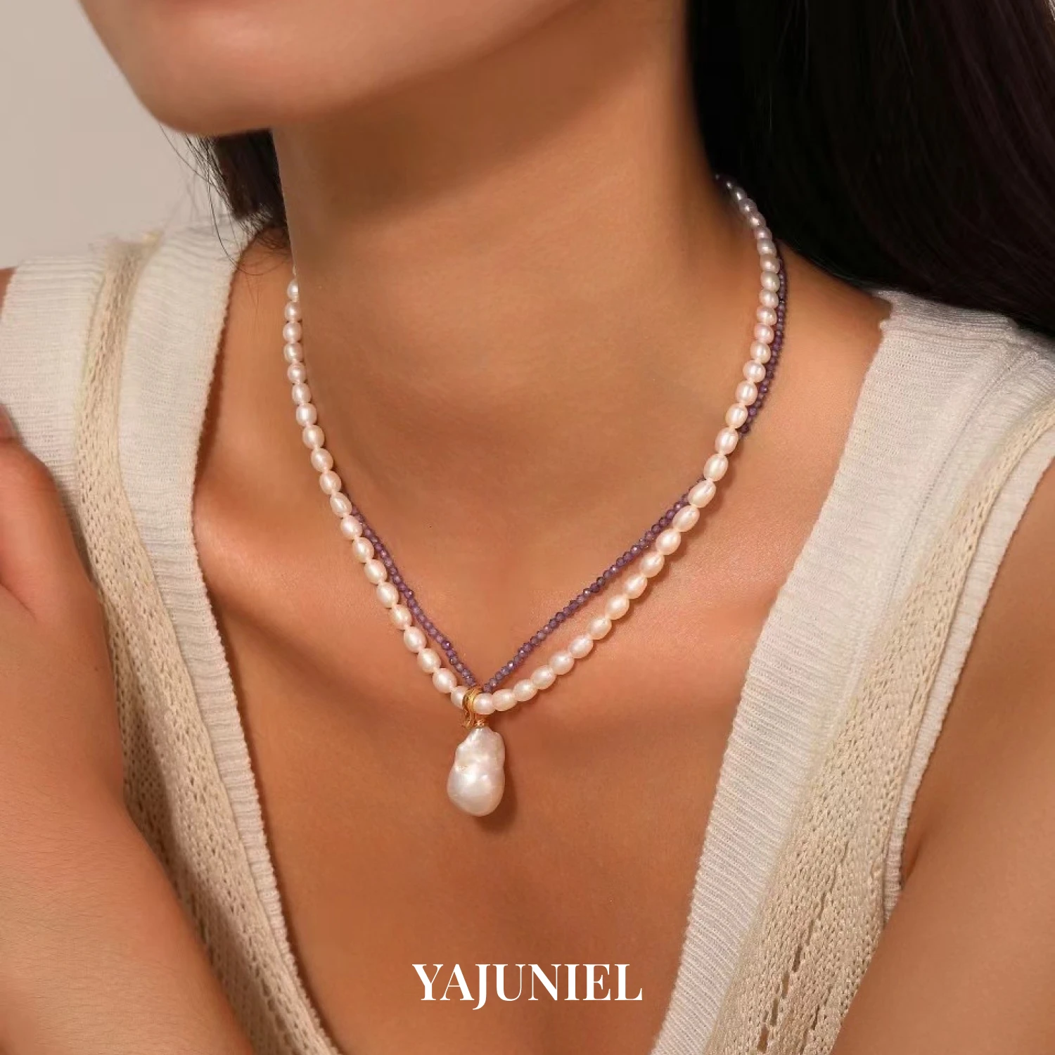 

YAJUNIEL Two-Layer Natural Freshwater Pearl & Amethyst Necklace with Baroque Pearl Pendant for Women Elegant Jewelry Gift