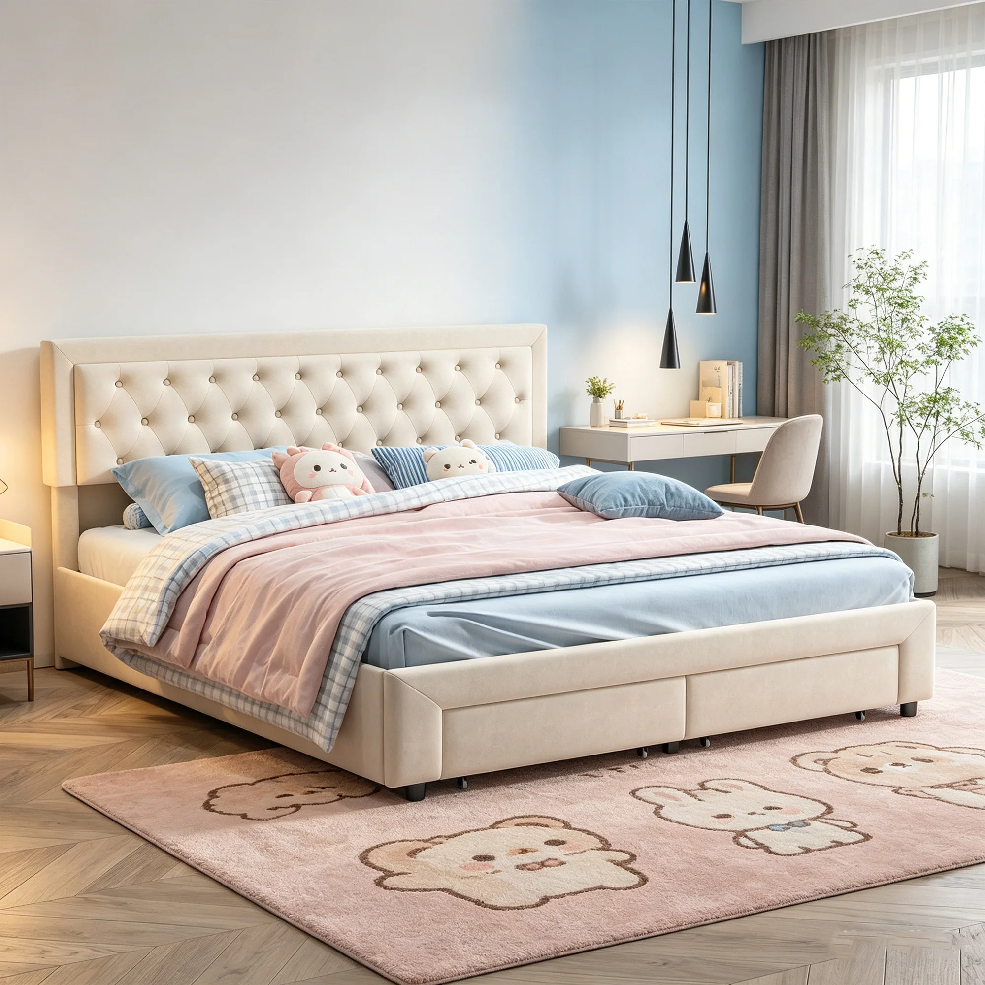 Cama Tapizada Superaly de 180x200cm con 2 Cajones, Estructura de Cama Doble, Cabecera con Botones, Cama Hidráulica para Dormitorio, Terciopelo, Beige