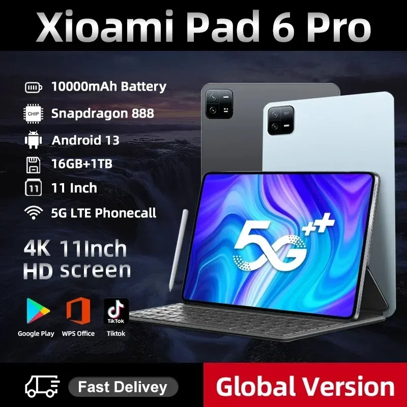 2024 Xioa Pad 6 Pro Tablet Android 13 16GB 1TB 11Inch 10000mAh 5G Dual WiFi Phone Call Google Play Portable Tablet PC Mi Tab