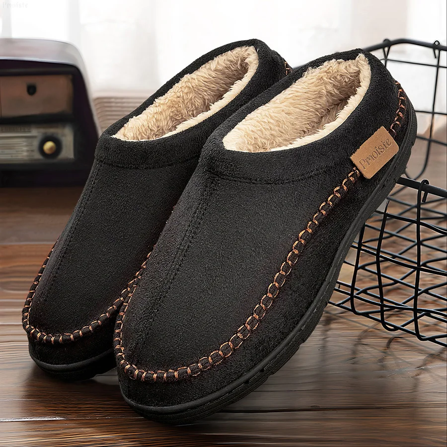 Men\'s Slippers Home Sewing Plush Memory Foam Warm House Shoes Male Luxury Suede Soft Non-Slip Winter Slippers For Indoor/Outdoor