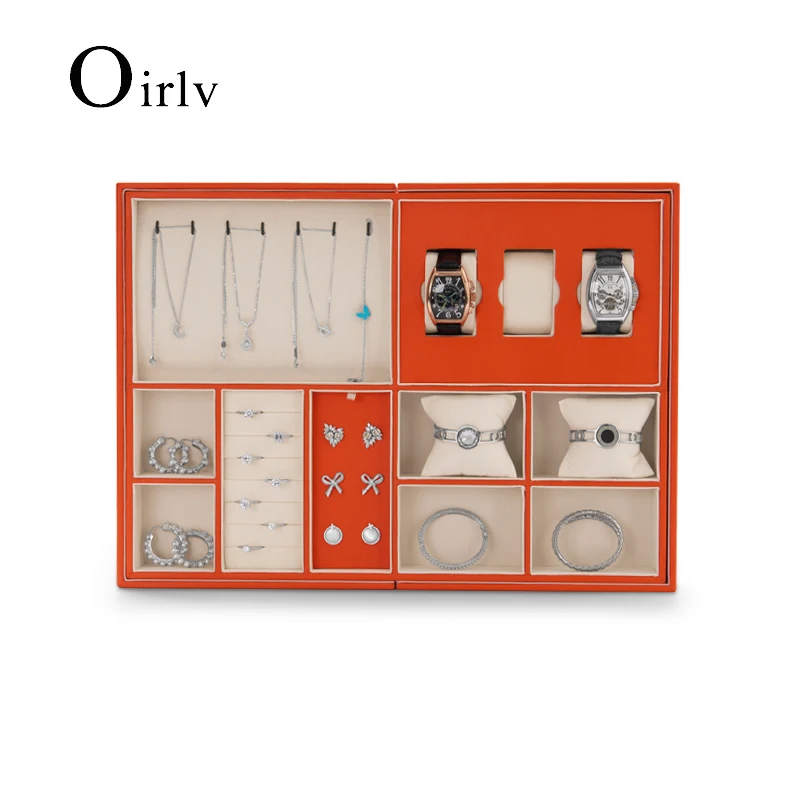 Oirlv Orange&Brown PU Leather Jewelry Storage Tray with Lid Multi-function Display Tray for Watch Necklace Bangle Ring Earring