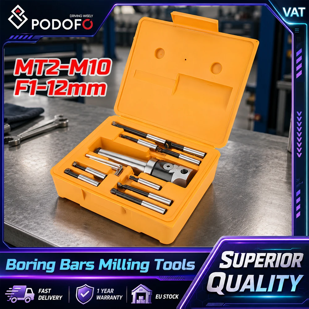 Podofo Boring Bars Milling Tools 9 PCS MT2-M10 12MM F1-12 Boring Head Set For Milling Machine For Boring, Boring Outer Circle, Boring End Face, Boring Ladder Hole, Boring Hole End Face With Storage Box