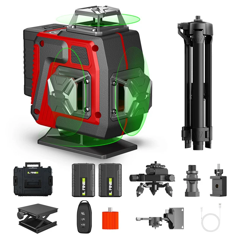 Livella laser verde 4D a 16 linee, con sistema di autoregolazione, telecomando e kit di strumenti base per la misurazione in edilizia, 2 batterie incluse.