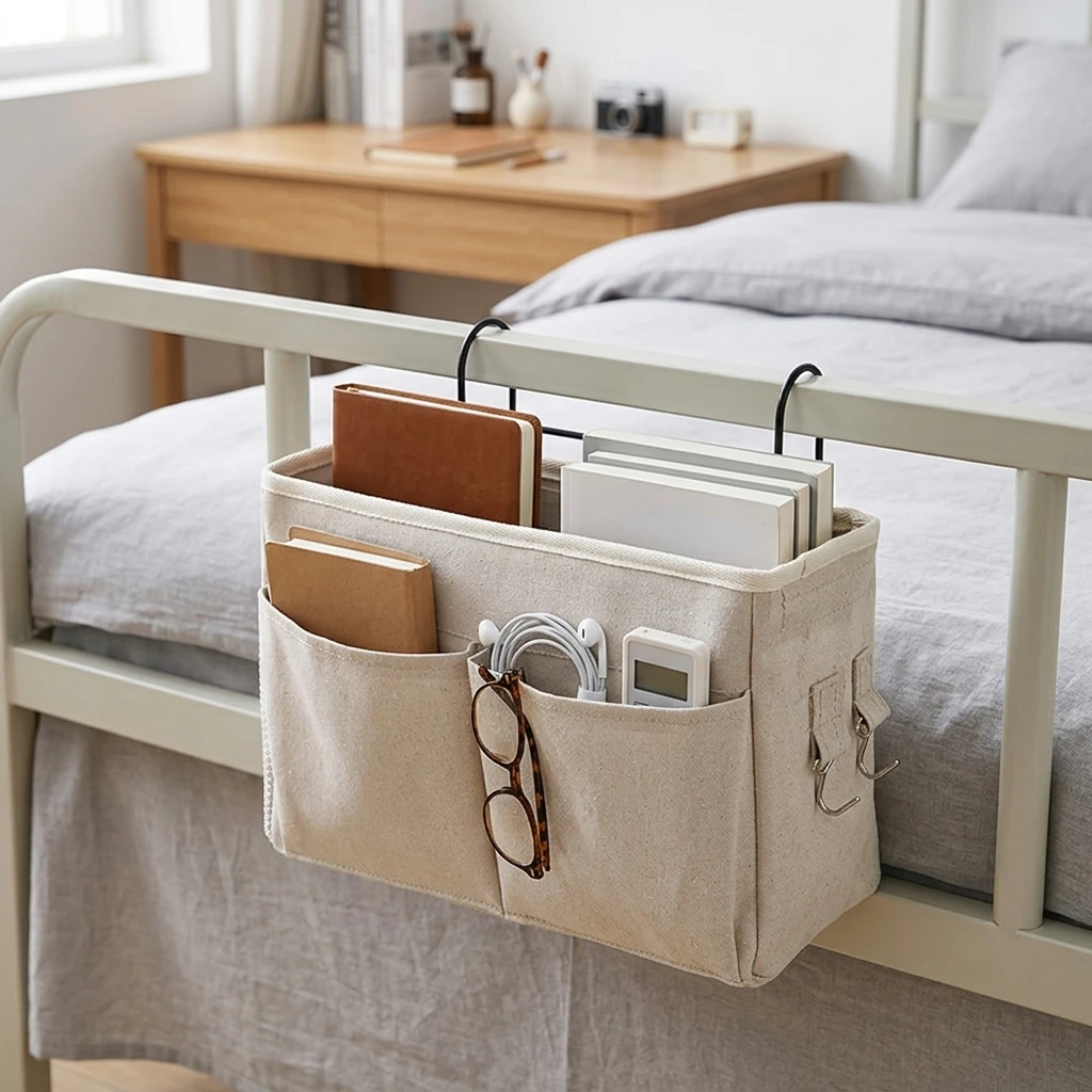 1 hanging bedside storage bag, wall mounted sorting bag with metal hook for storing small items