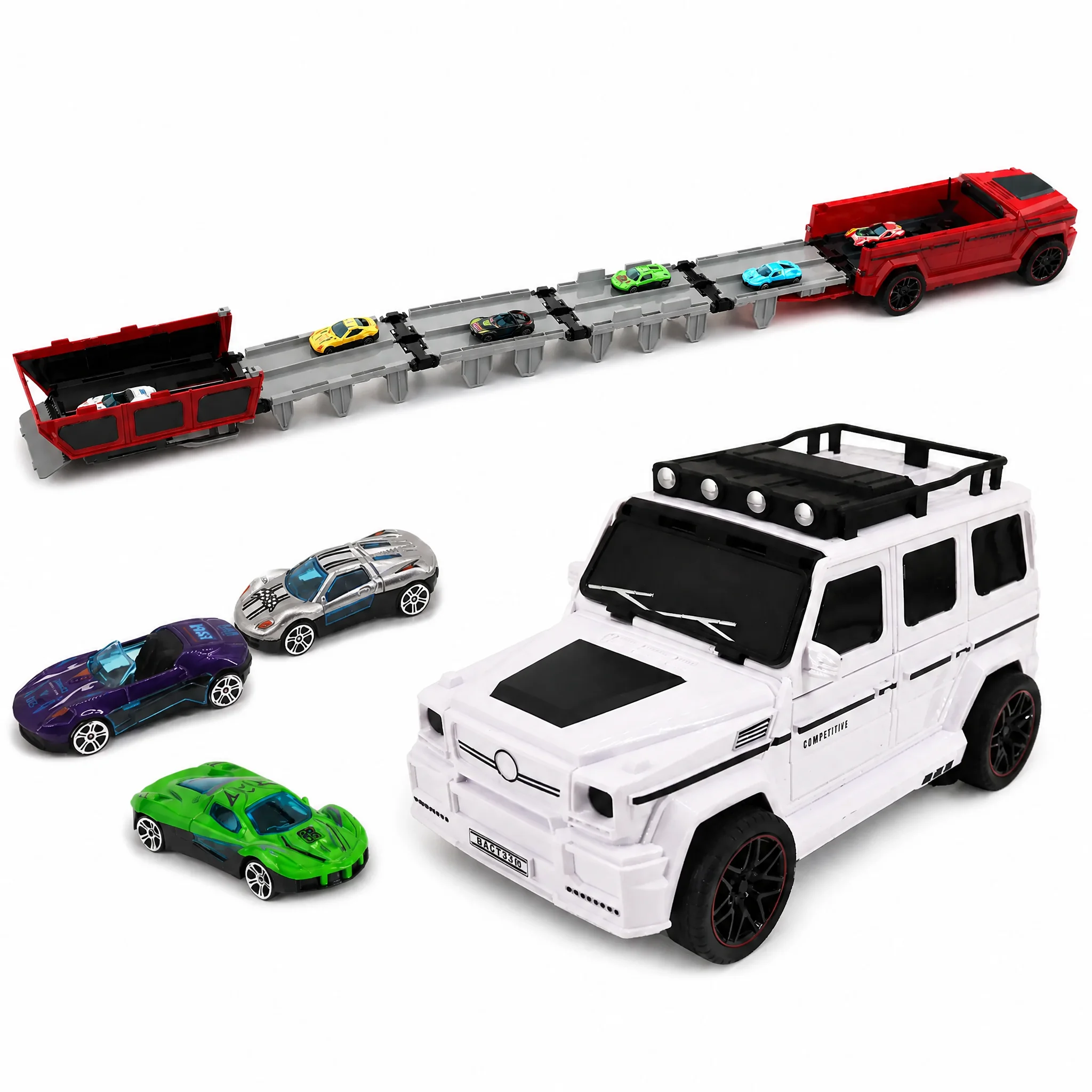 Transformeerbare off-road speelgoedauto met 120 cm uitschuifbare baan - wrijvingsvoertuig en garage voor kinderen, racespel