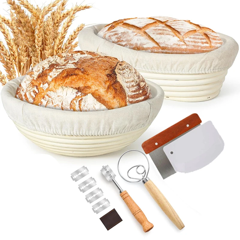 Sauerteig-Starter-Set 14-teilig, 2 Fermentationskörbe – Komplettes Brotbackwerkzeug, Rattan-Fermentationskorb