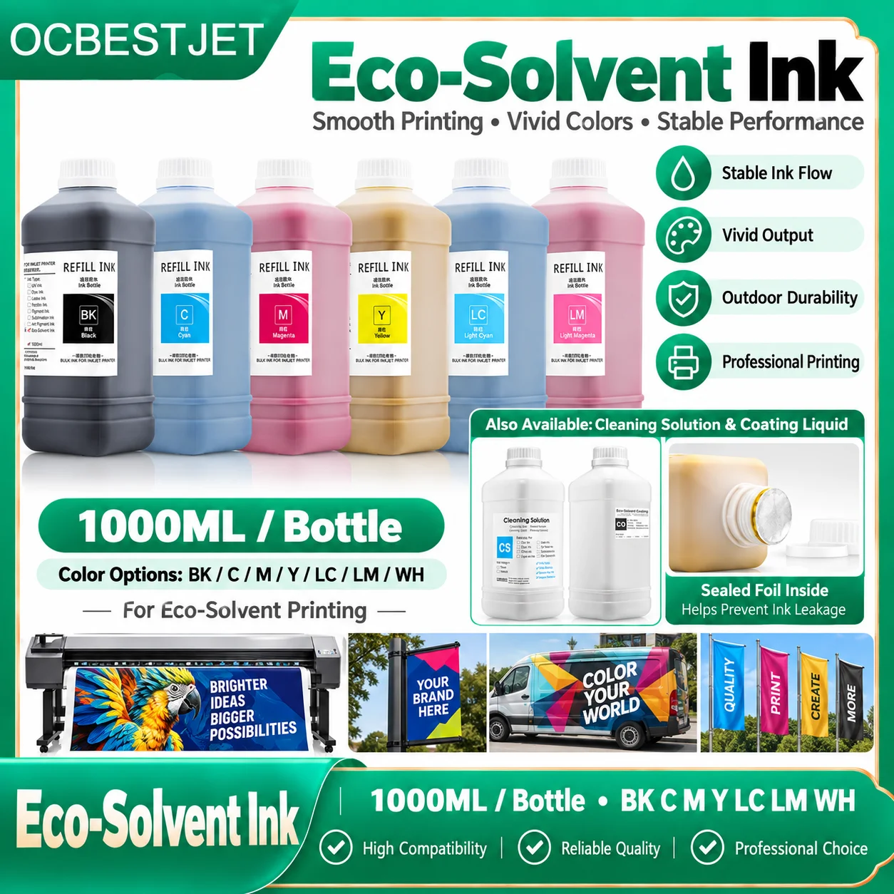 1000ML Eco-Solvent Ink For Epson/Roland/Mimaki/Mutoh DX4 DX5 DX6 DX7 DX10 TX800 XP600 5113 4720 I3200 Printhead Eco Solvent Ink