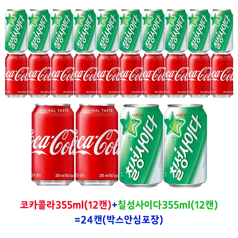 355ml (12 latas) Coca-Cola + 355ml (12 latas) Chil-Sung-Sai = 24 latas (embalaje seguro en caja) latas de cola de soda carbonica para empresas