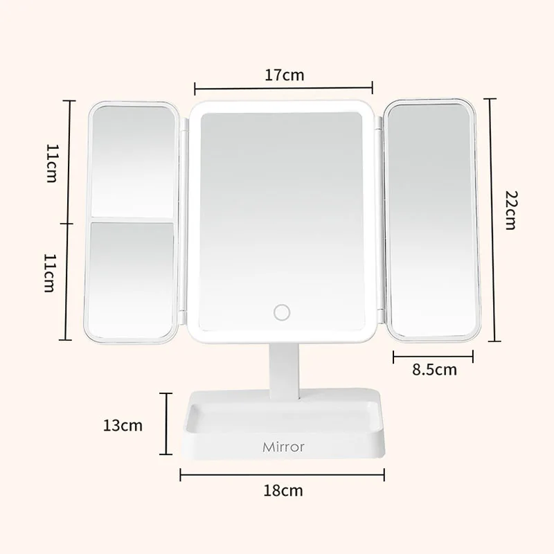 Dreifach faltbarer LED-Schminkspiegel, 3-Ton-Lichter, tragbarer, kompakter Desktop-Kosmetikspiegel, 2-fache/3-fache Vergrößerung, drehbarer, beleuchteter Schminkspiegel