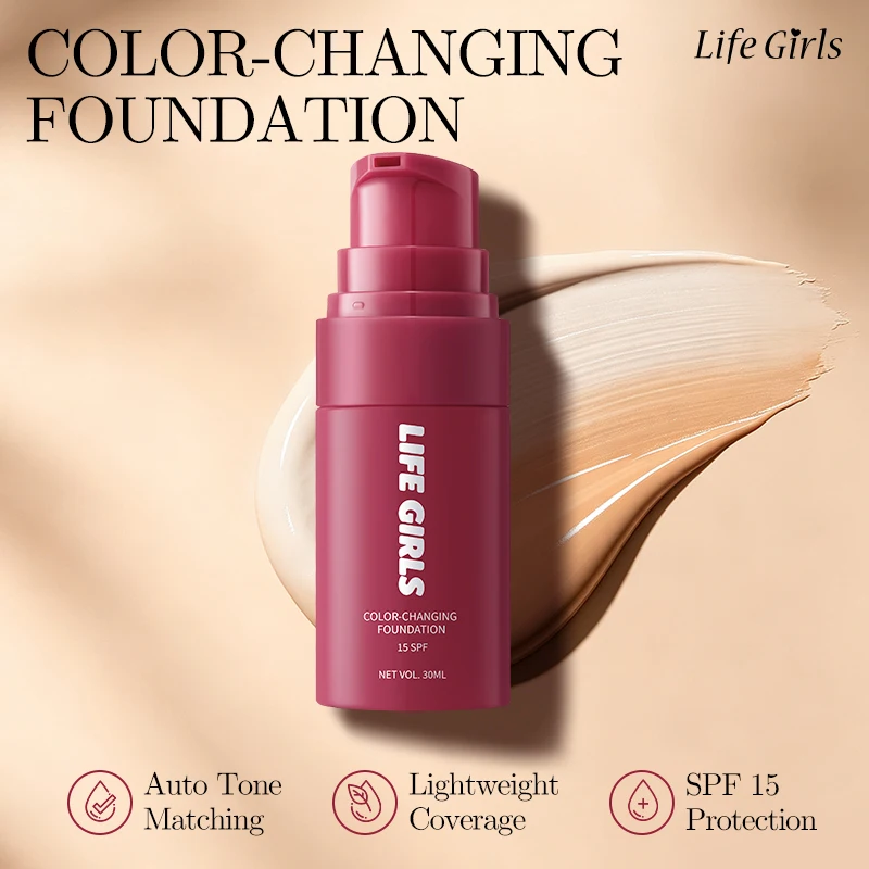 Base de Maquiagem Life Girls com Mudança de Cor, FPS15, Maquiagem Líquida Adaptável à Pele, Hidratante, Leve, Construível, Acabamento Natural 30ml