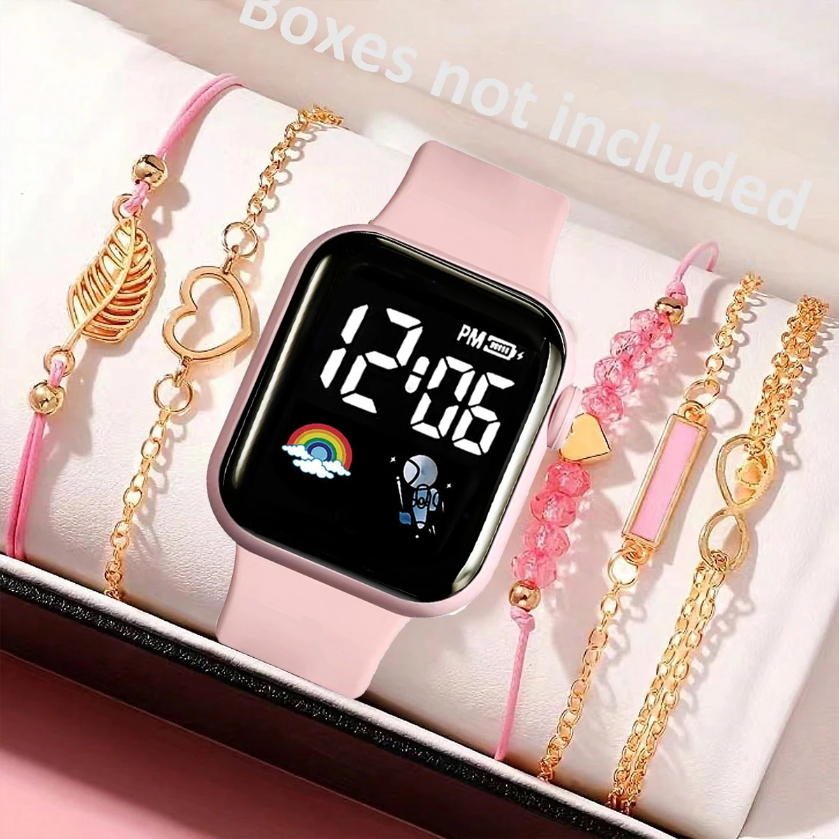 6-Piece Set of Elegant and Fashionable Women's Electronic Watches with Colorful Lights, Paired with a Pink Feather Series Bracelet Set, a Romantic Birthday Gift, and a Suitable Gift for Giving
