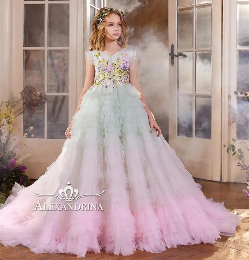 Girls Party Gowns Tulle Flower Girl Dresses Floral Appliqued Ombre Long Kids Prom First Communion Dresses Birthday Pageant Gowns