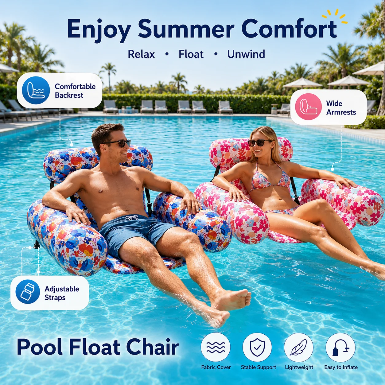 

1pc Inflatable Pool Float Chair with Fabric Cover, Adjustable Straps Lounge Chair for Swimming Pool Beach Summer Relaxing Float