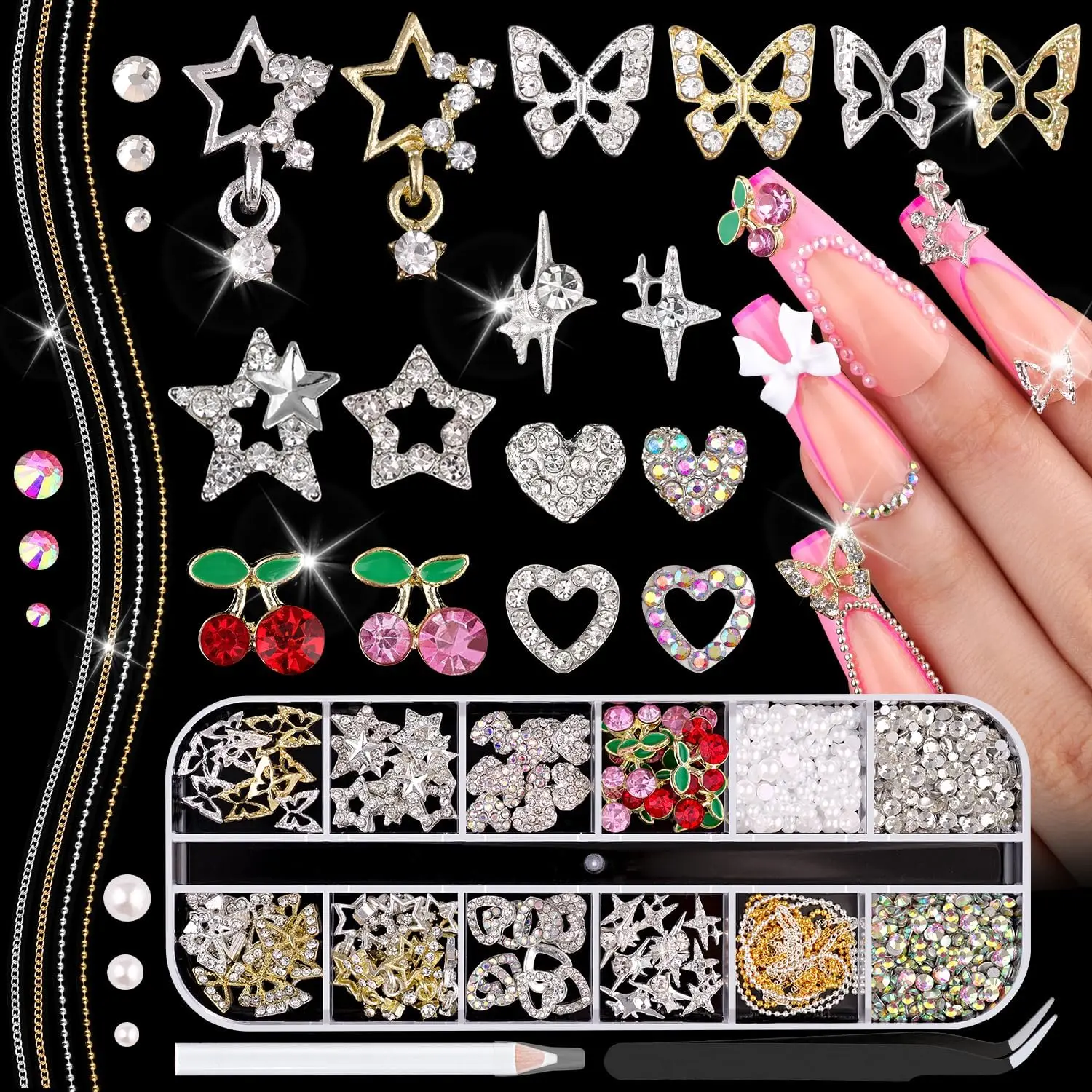 80Pcs 16 Styles 3D Nail Charms and Flatback Gems Pearl Nail Chains, Silver Shiny Luxury Gems Nail Art Decor Set for Acrylic Nail