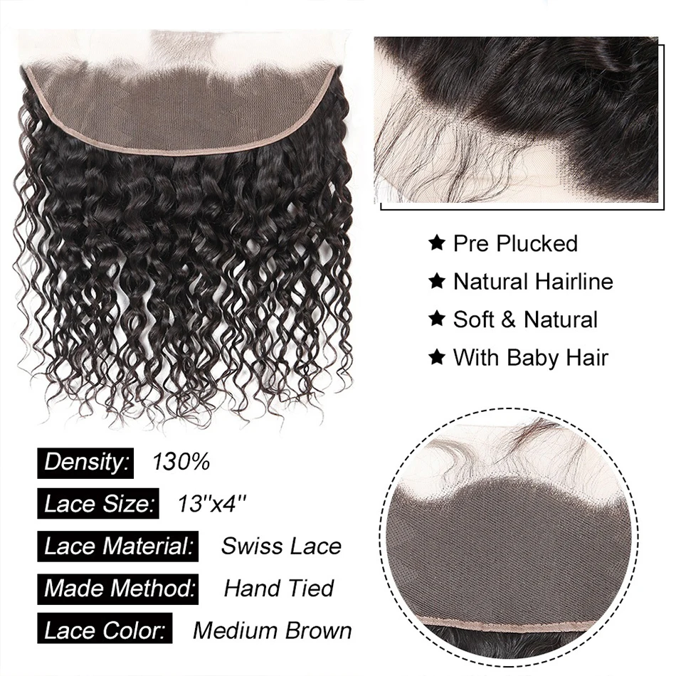 Perruque Lace Closure Brésilienne Remy Naturelle, Cheveux Ondulés, 13x4, 4x4, 8 à 22 Pouces, Bon Marché