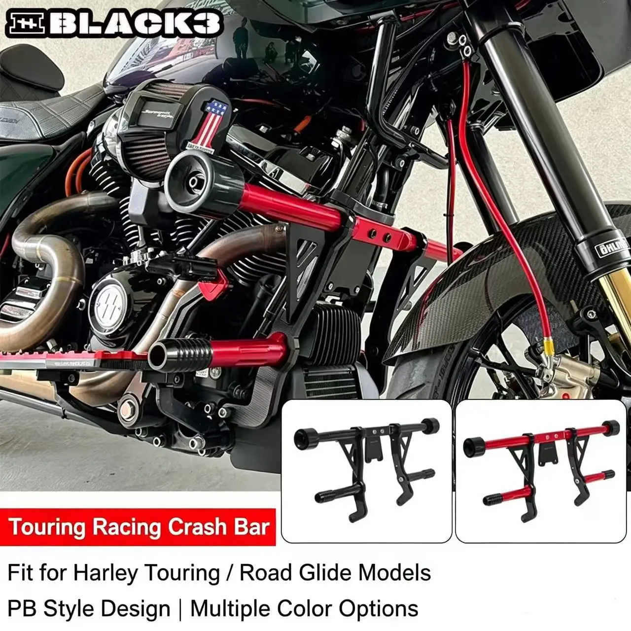 Black3 PB Style Front Crash Bar Fit For Harley Road Glide Road King Motorcycle  Engine Guard Black Bumper Modification