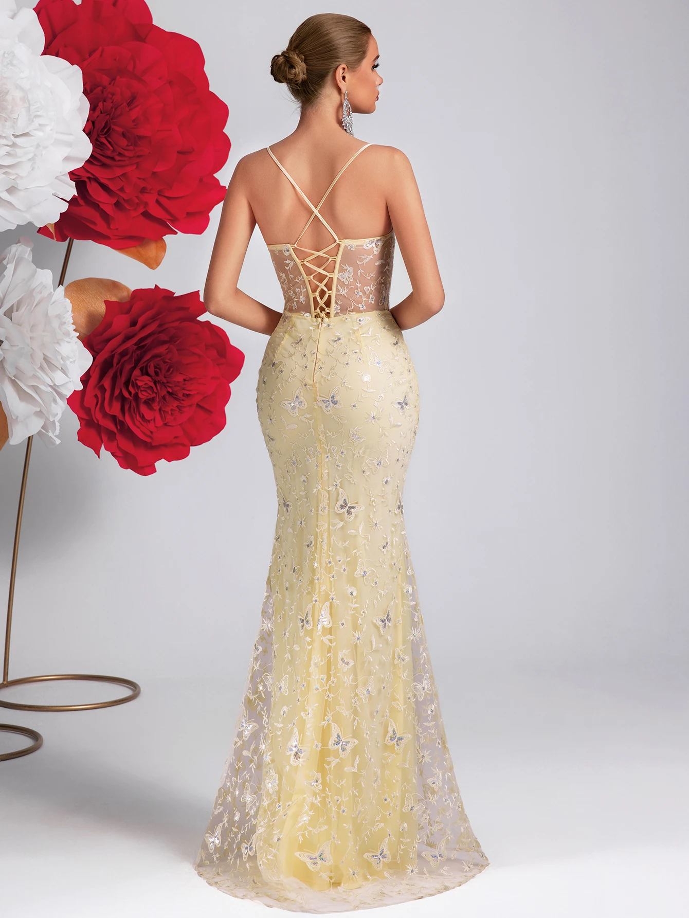 Adyce Elegant Summer Women Fashion Dresses Spaghetti Straps V-Neck Embroidered Hollow Backless Lace-Up Prom Party Wedding Dress