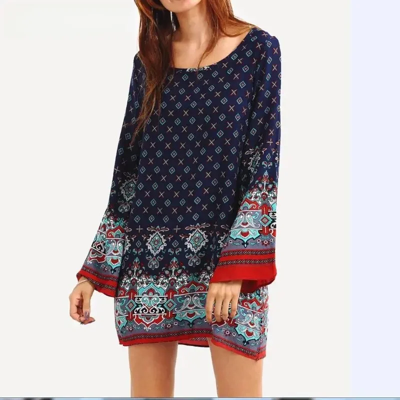 Kobiety lato luźna sukienka plażowa etniczne barokowym nadrukiem Mini na co dzień sukienka vintage szlafrok plus size Boho Hippie odzież damska Vestidos — zdjęcie 2