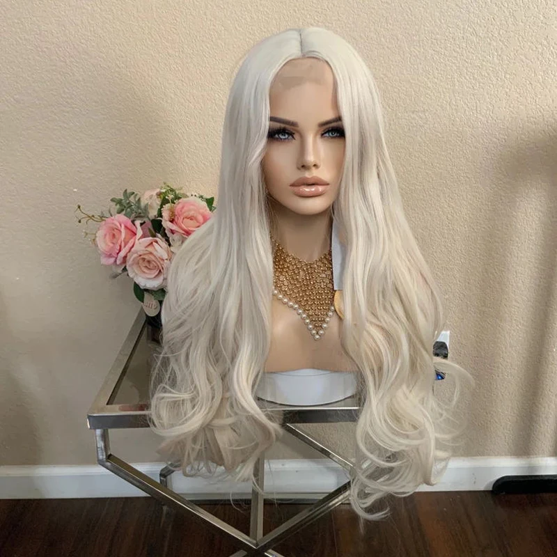 26 white platinum branco platina loira peruca dianteira do laço sintético onda solta peruca sintética fibra resistente ao calor peruca cosplay cabelo humano misturado