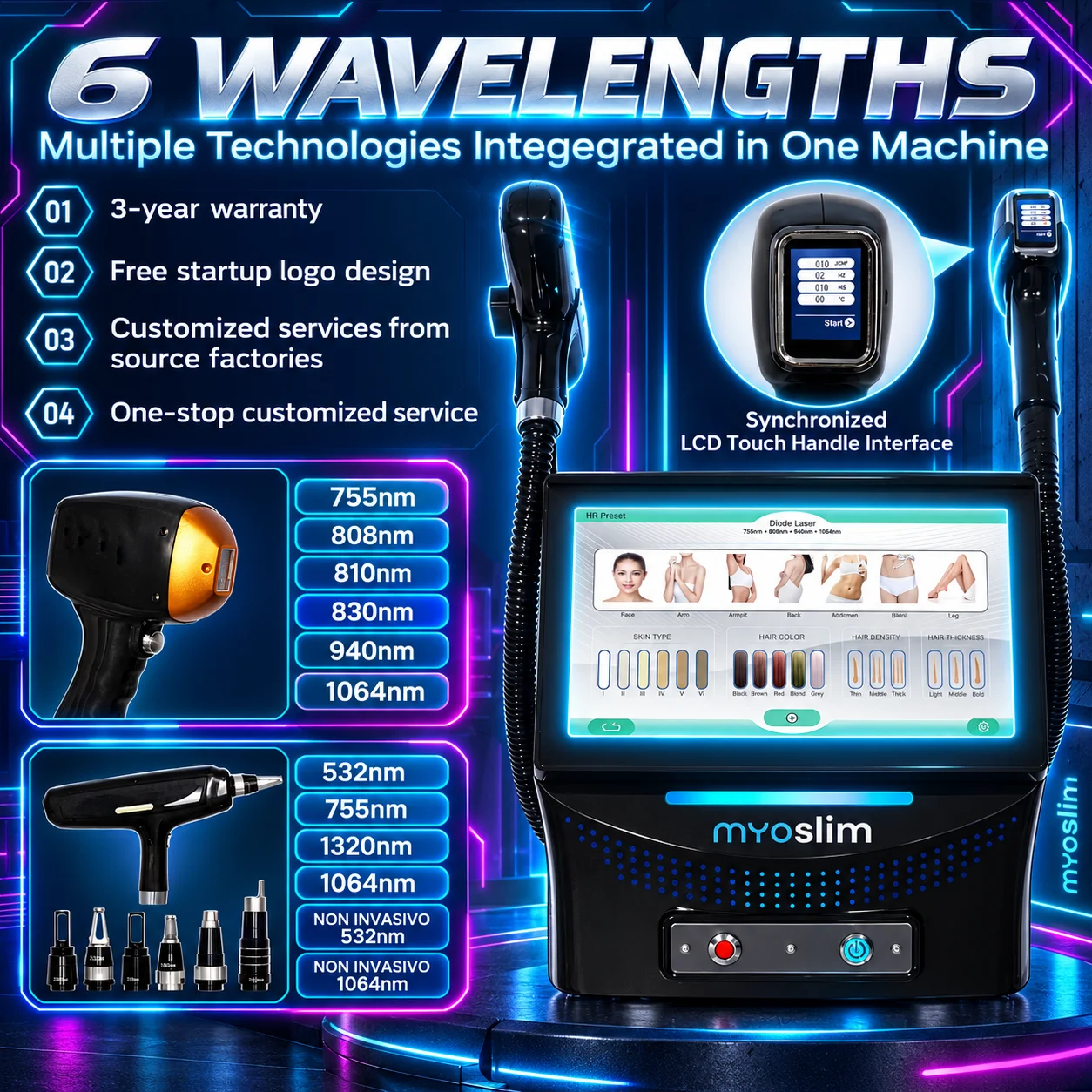 7000W 16bars 6 Wave 2in1 755nm 808nm 810nm 830nm 1064nm Diode Laser Hair Removal Device for Removing Tattoo Marks with Pulses