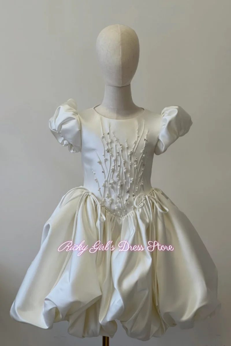 Custom White Flower Girl Dress Wedding Dress First Christmas Party Kids Short Sleeve Satin Communion Gown With Beaded Pearls