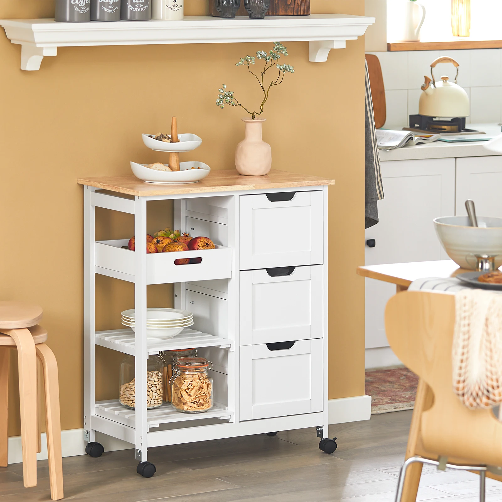 SoBuy FKW79-W Carrelli da cucina con 2 ripiani rimovibili e 1 vassoio Carrello a rotelle cucina soggiorno Sala da pranzo Bianco