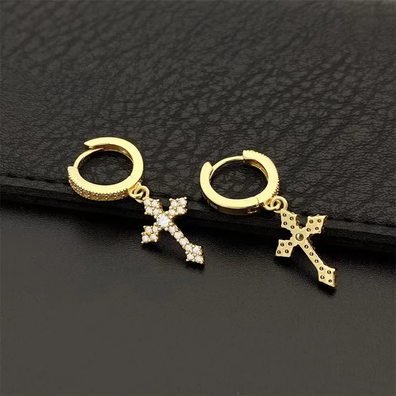 

S925 Silver Cross Huggie Earrings 14K Gold Plated Men Dangle Earrings Ins 2022 Iced D Color Moissanite Pendientes Oorbellen Gift