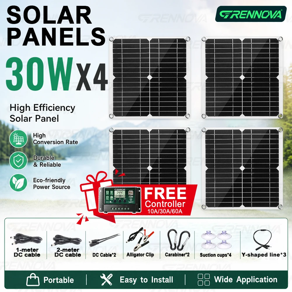 30W Flexible Solar Panel GRENNOVA Camping Power 280x280mm 1-4PCS with Free 60A Controller Dual USB DC for Road Trip Outdoor Home