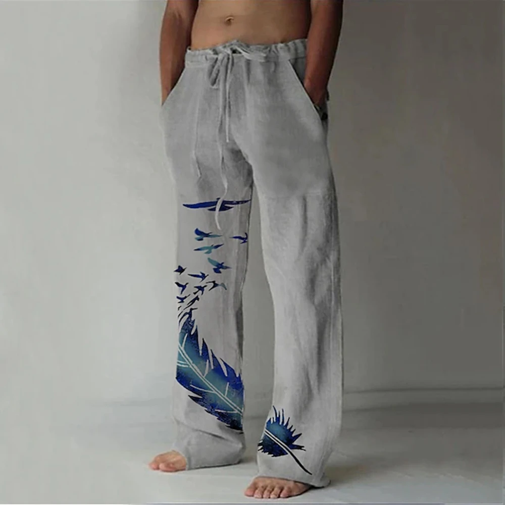 Men\'s Trousers Summer Pants Beach Pants Pocket Drawstring Elastic Waist Feather printing Breathable Lightweight Casual Trousers