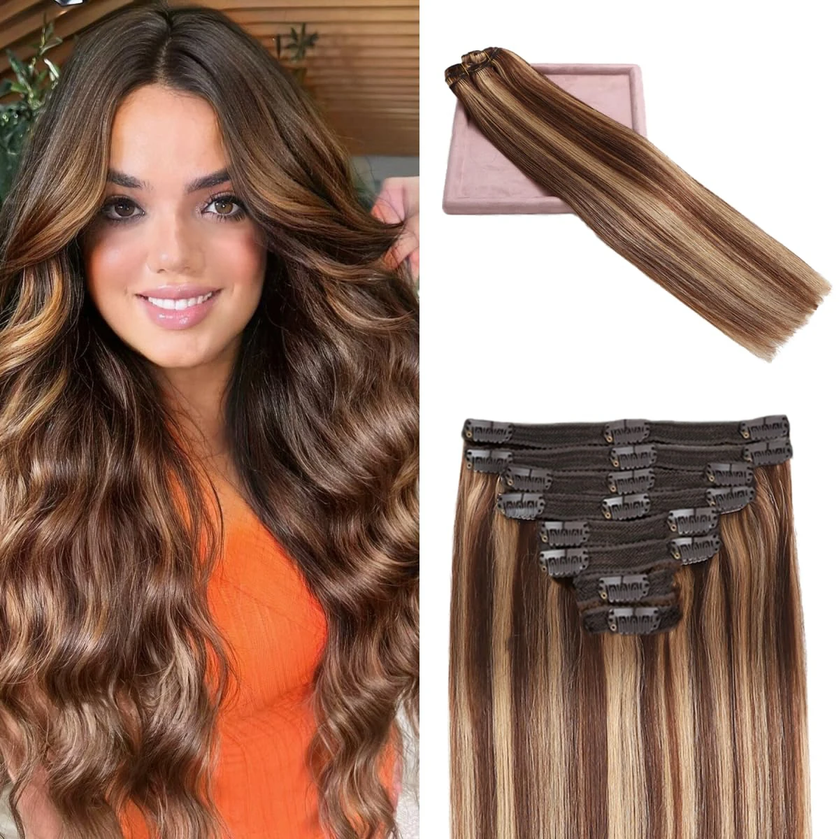

Накладные волосы на клипсе, настоящие человеческие волосы, бесшовные прямые заколки для наращивания человеческих волос, невидимые прямые 8 шт., коричневые мелированные волосы