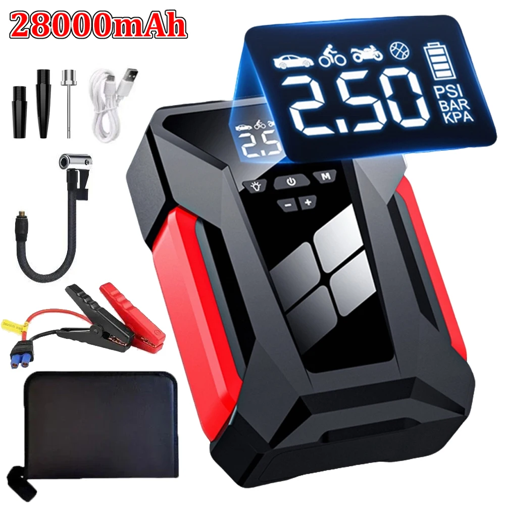 Arrancador de Coches de 28000mAh, Multifuncional, de Emergencia, con Inflador de Neumáticos de 150PSI, Banco de Energía y Bomba de Aire con Bolsa