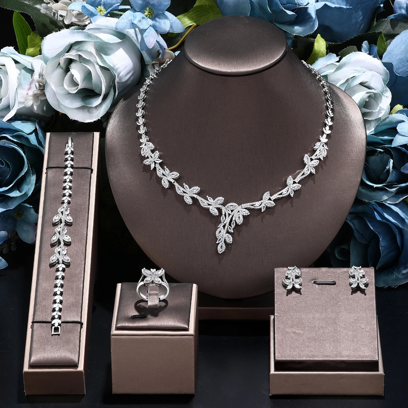 Trendy Luxury 4PCS Wedding Jewelry Set For Women Wedding Party Zirconia Dubai Bridal jewelry Set 2024