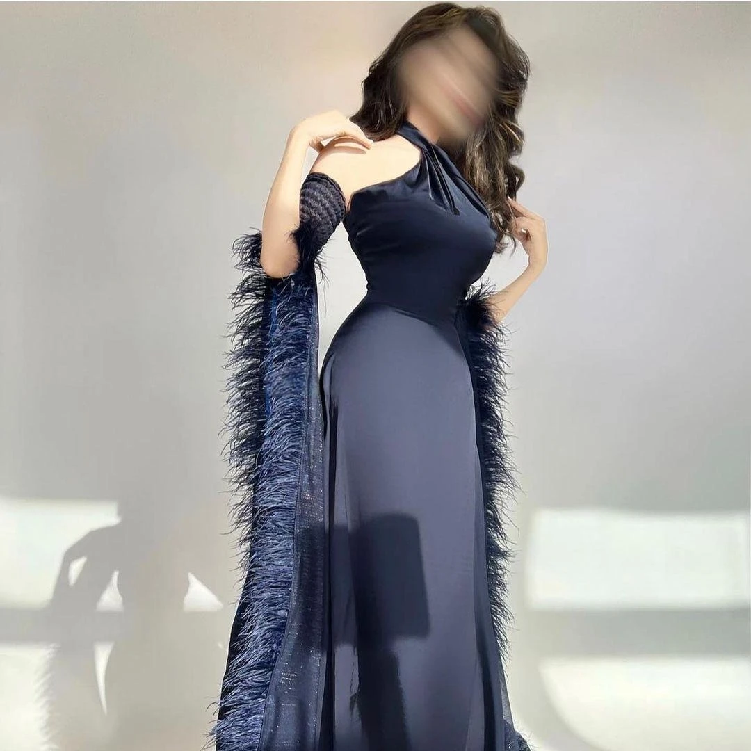 Meetlove Three Quarter Prom Dresses Floor-Length Stain Feather Zipper Up Wedding Party Women A-Line Blue Wrinkle Grace 2023