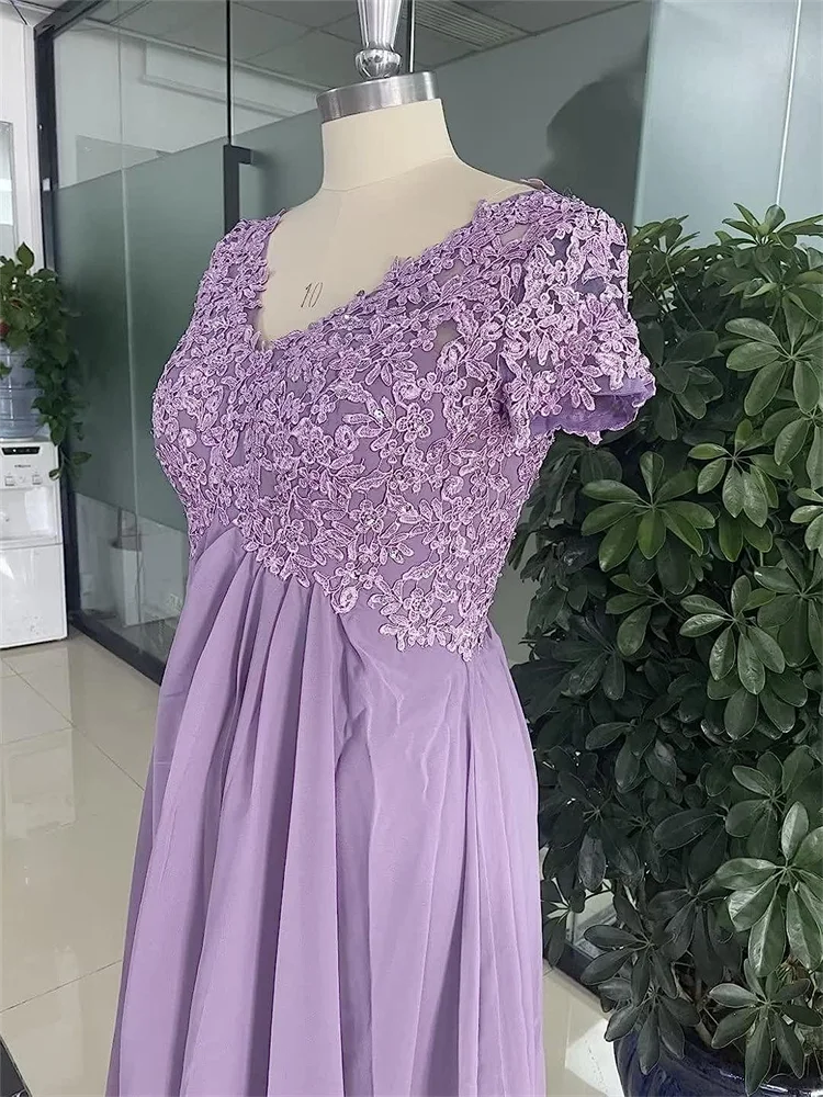 15575# Elegant V Neck Short Sleeves Maxi Mother Of The Bride Dress With Appliques Chiffon Wedding Party Guest Prom Evening Gown