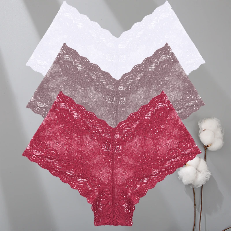 3 teile/satz Frauen sexy Spitze Höschen solide Blumen Perspektive niedrige Taille weibliche Unterwäsche Boxer atmungsaktive weiche intime Dessous