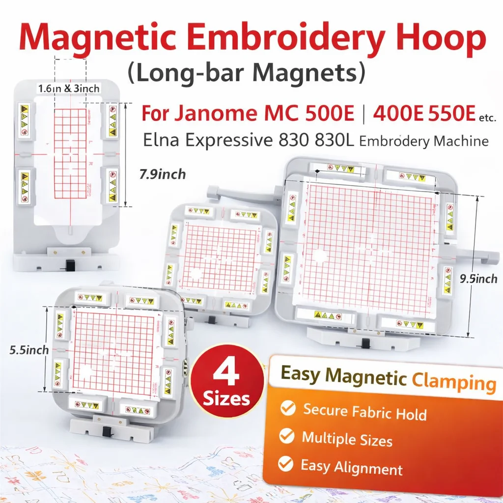 

Magnetic Embroidery Hoop (Long-bar Magnets) for Janome MC 500E 400E 550E etc. Elna Expressive 830 830L Embroidery Machine