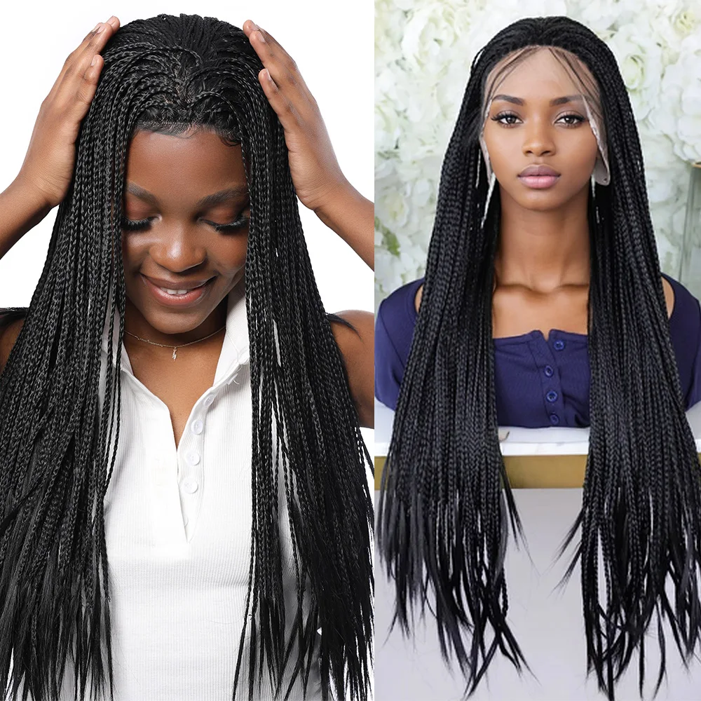 30" Lace Braided Wigs Synthetic Box Braids Lace Front Wigs Knotless Braided Wigs For Black Women Small Box Wigs Large Cap Size